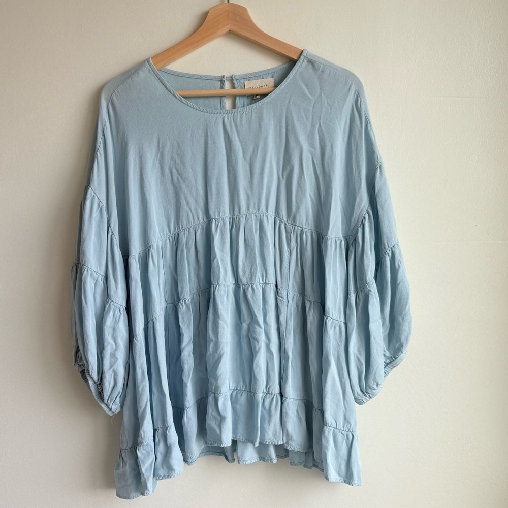 Melloday Light Blue Tiered Ruffle Feminine Top Size XL